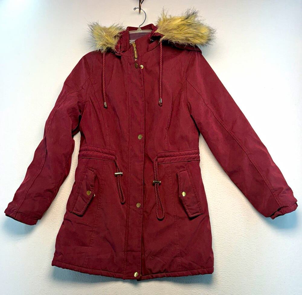 GeeGee Women's Burgundy Hooded Parka Coat Faux Fur Lined Full Zip Pockets L